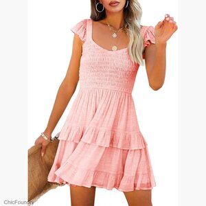 Summer Ruffle Mini Dress Elastic Empire Waist A-Line Swing Flowy